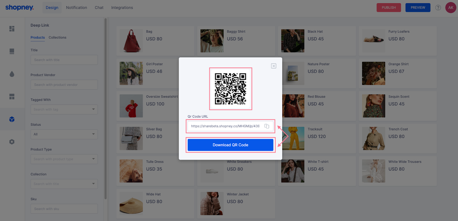 The deep link page of Shopney Mobile App Builder Dashboard displaying the QR code and link of an example deep link