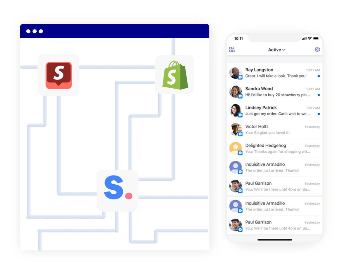 Logos of Shopney, Shopify and Shopify Inbox and a mobile app screen displaying messages in the inbox