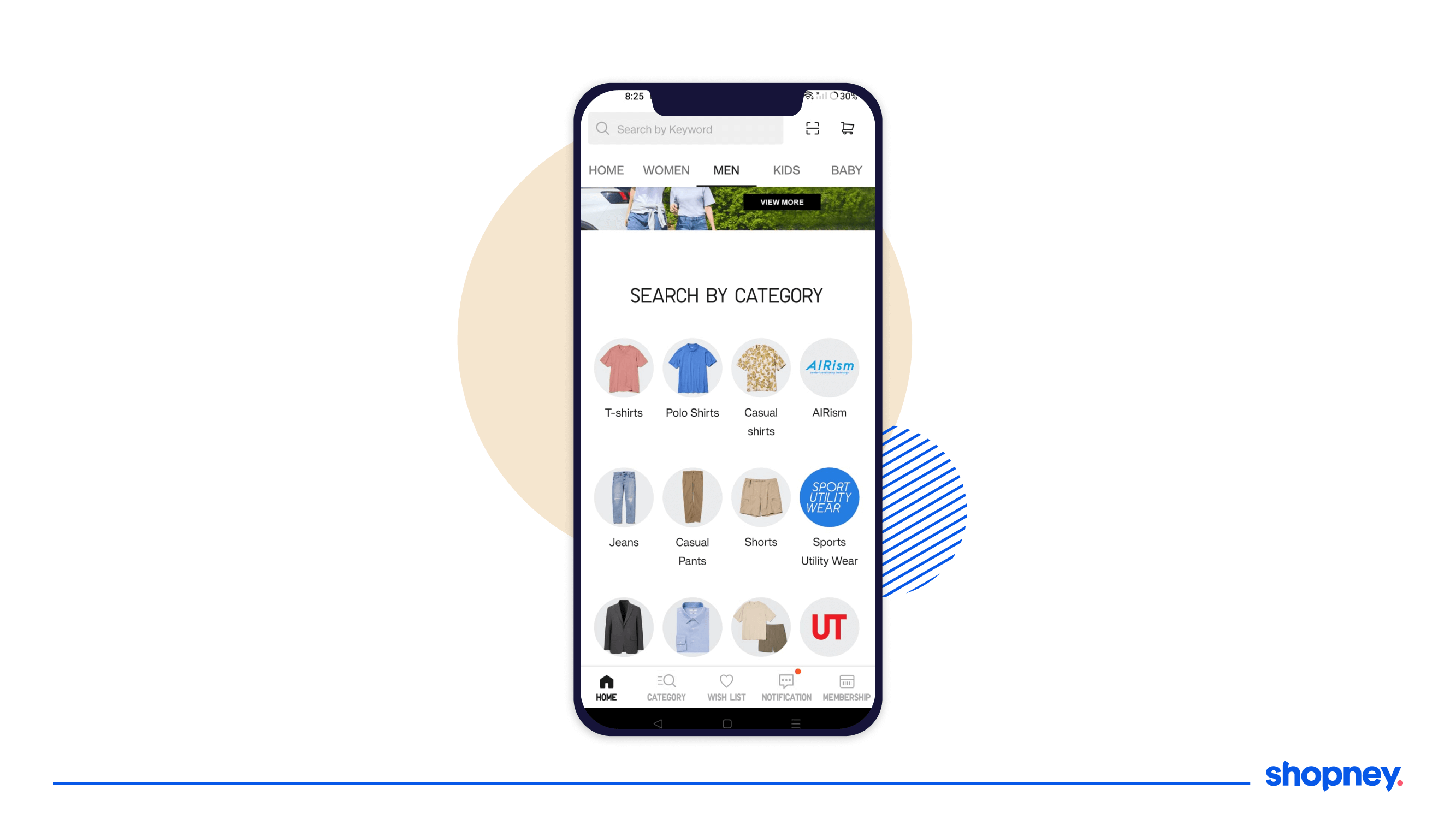 Example of Uniqlo displaying key categories on their mobile app