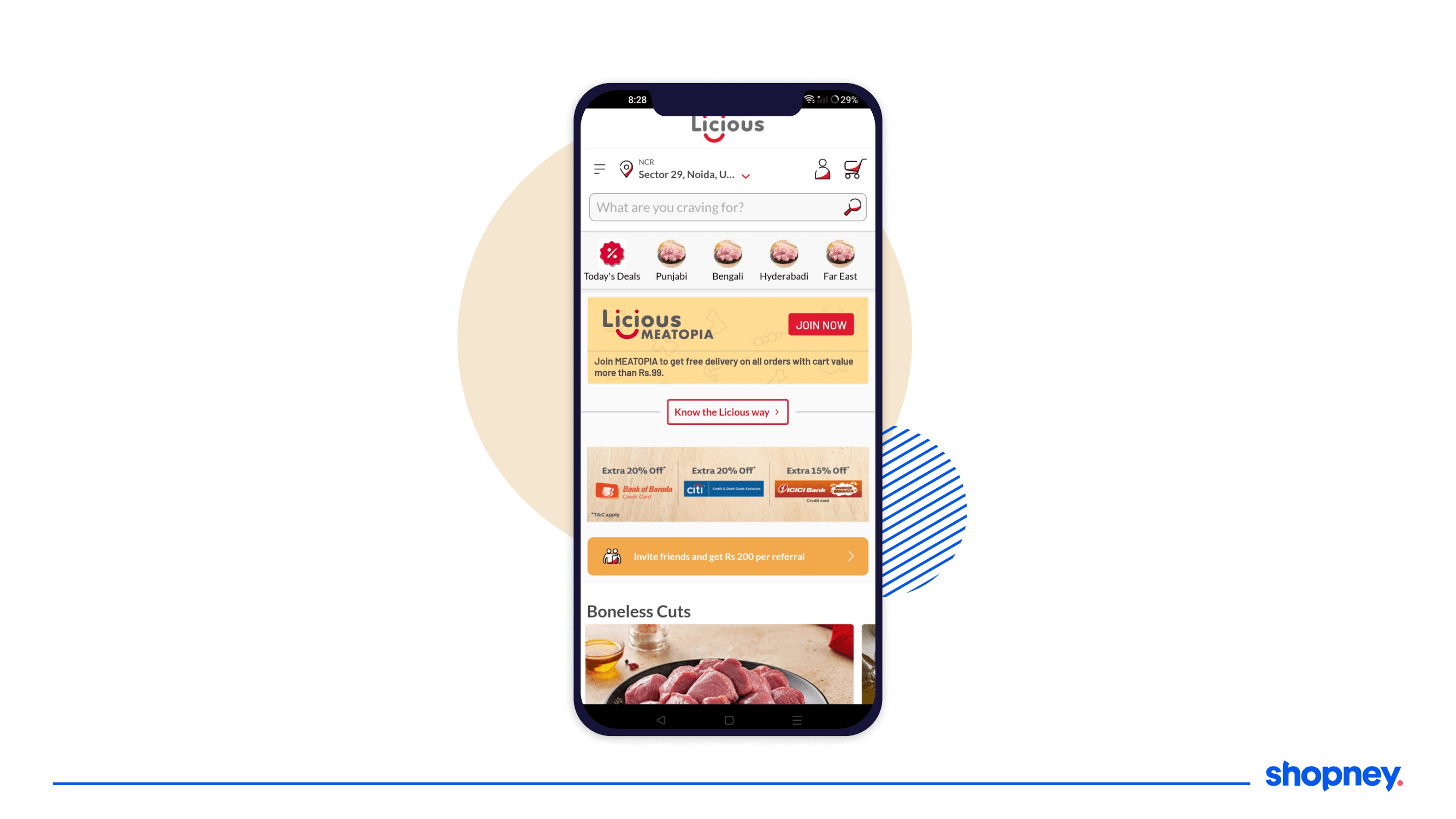 Example of Licious showcasing different payment methods on their mobile app