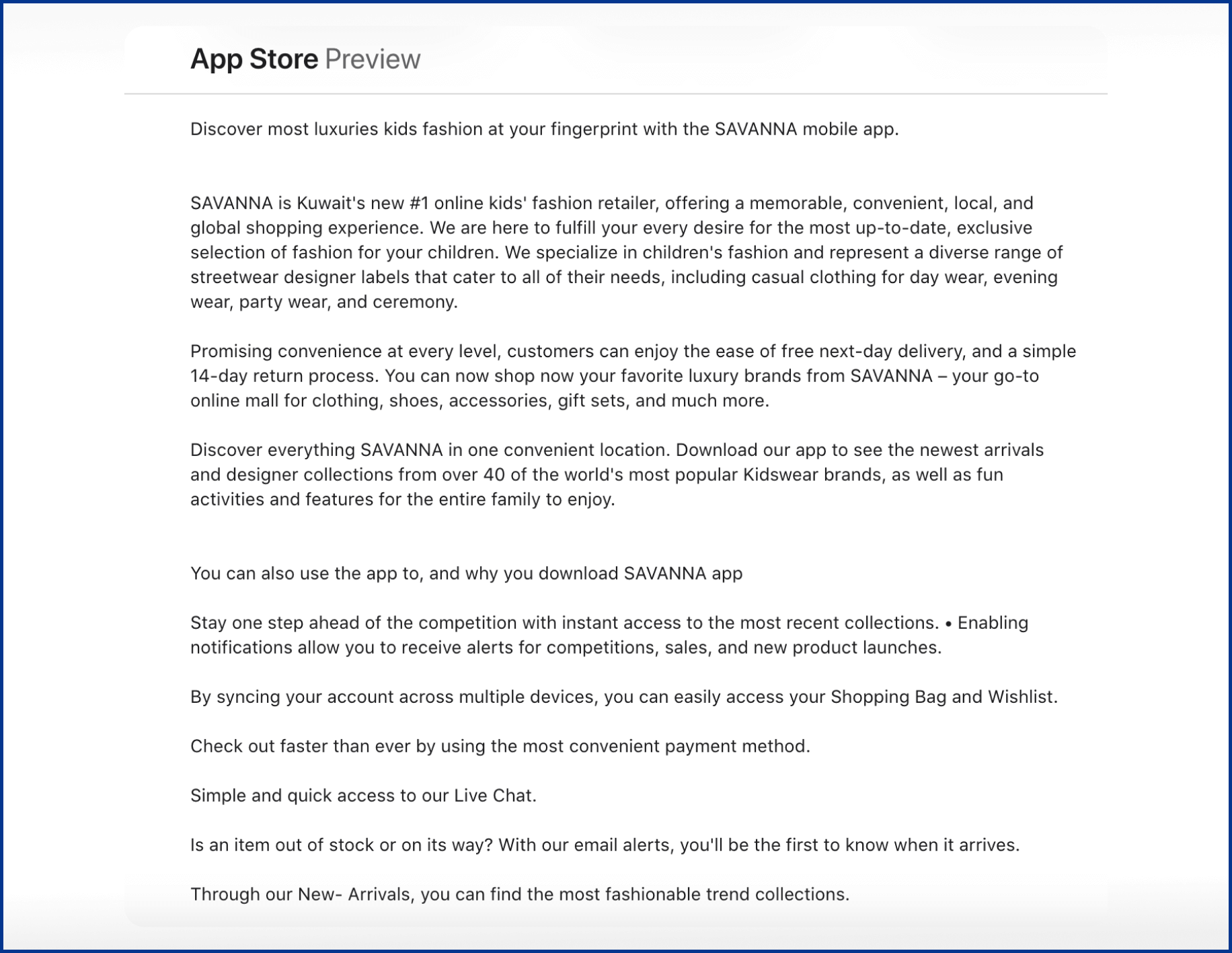 App store description of the SAVANNA App