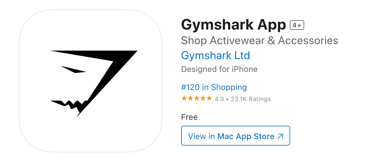 Display of Gymshark mobile app in the app store listing page