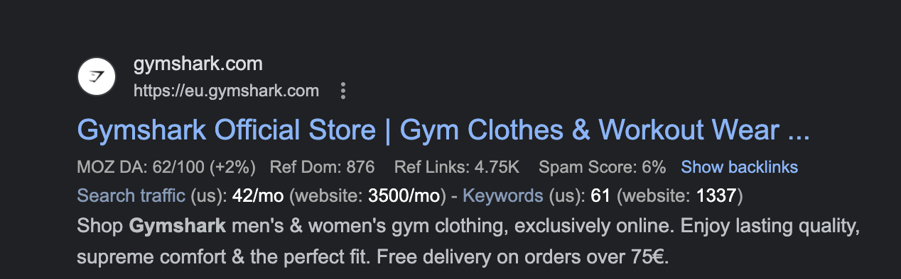 Gymshark as seen on search engine