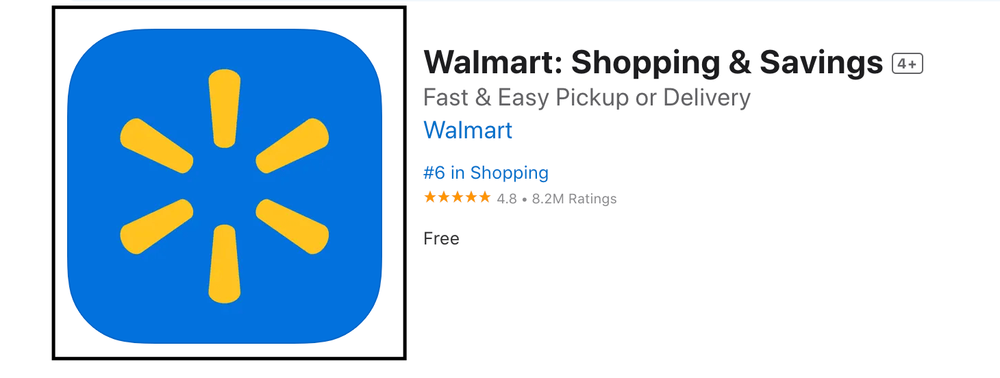 Display of Walmart mobile app in the app store listing page