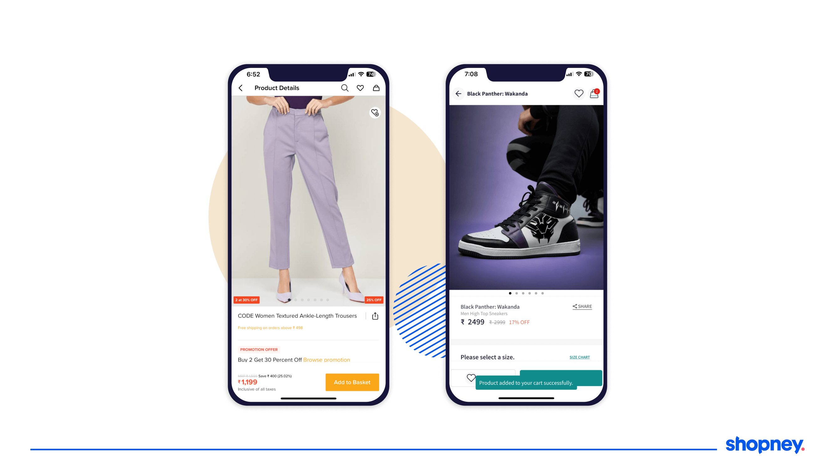 2 phone screens with product pages