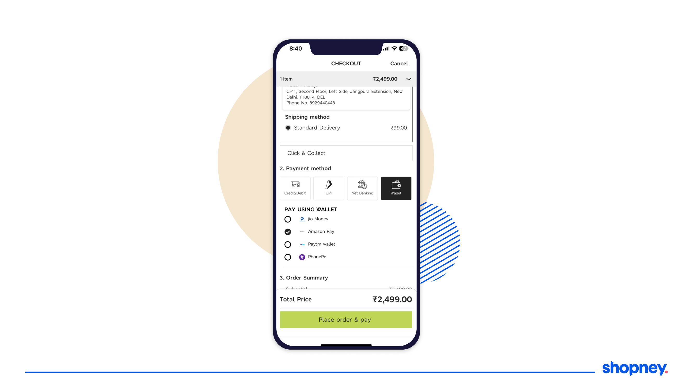Mobile app screen with a checkout page offering mobile-first payment options