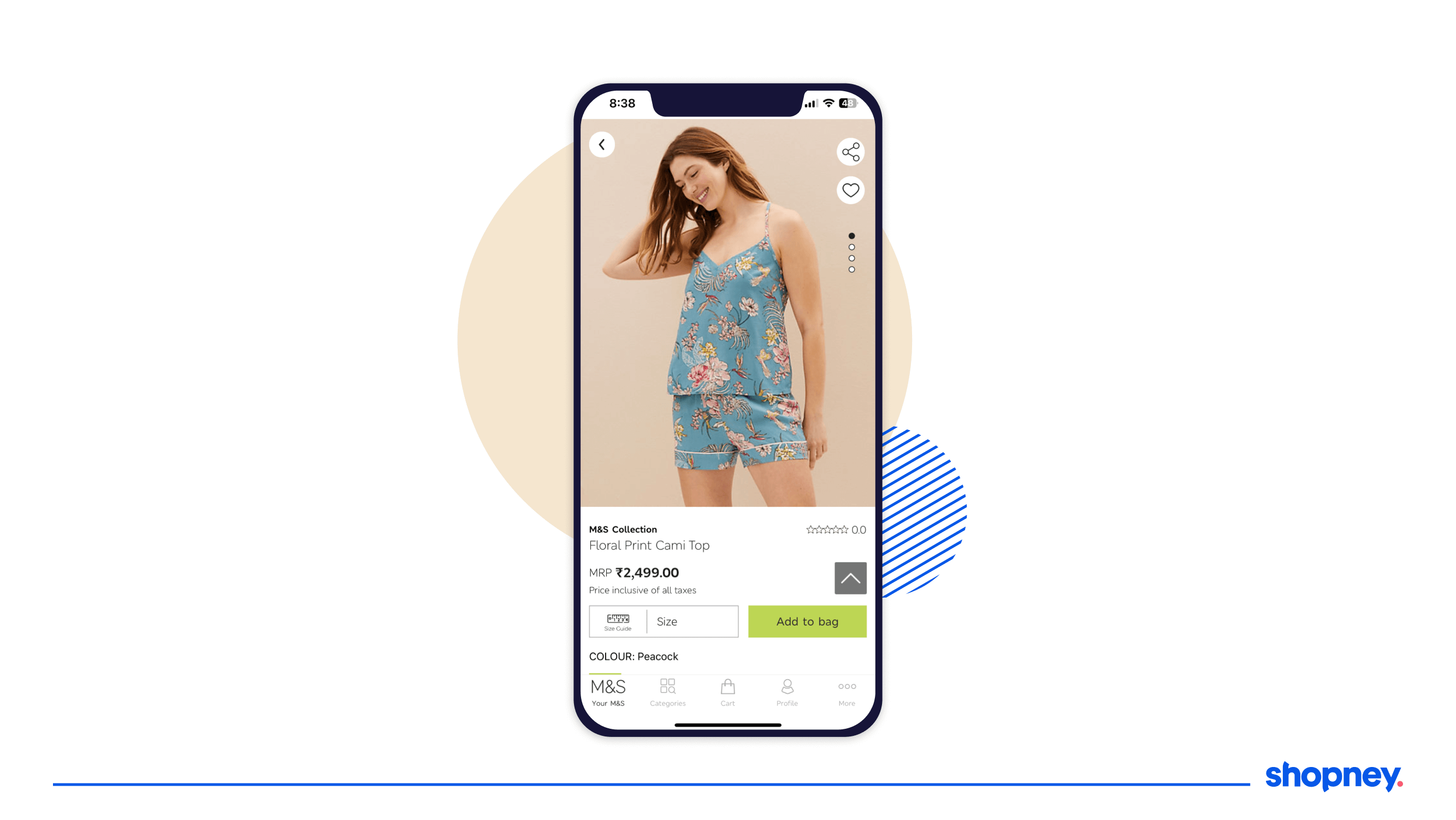 A mobile app of a fashion store showcasing the product page to add the item to the cart