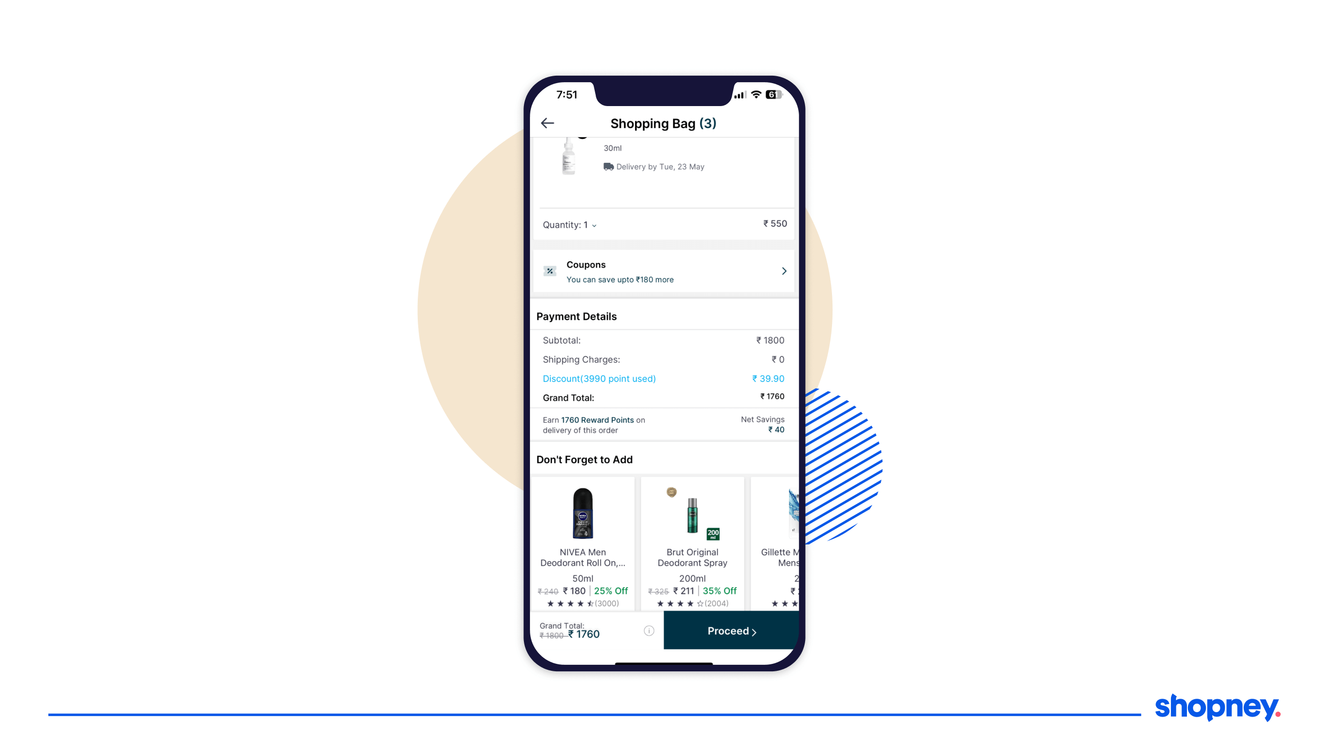 Mobile app screen with shopping cart page