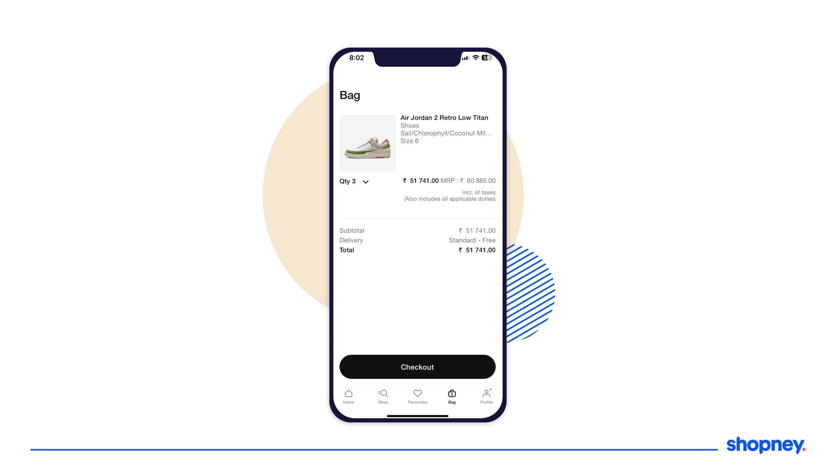 Screen of a mobile app showcasing the checkout page of a brand with a clear checkout button