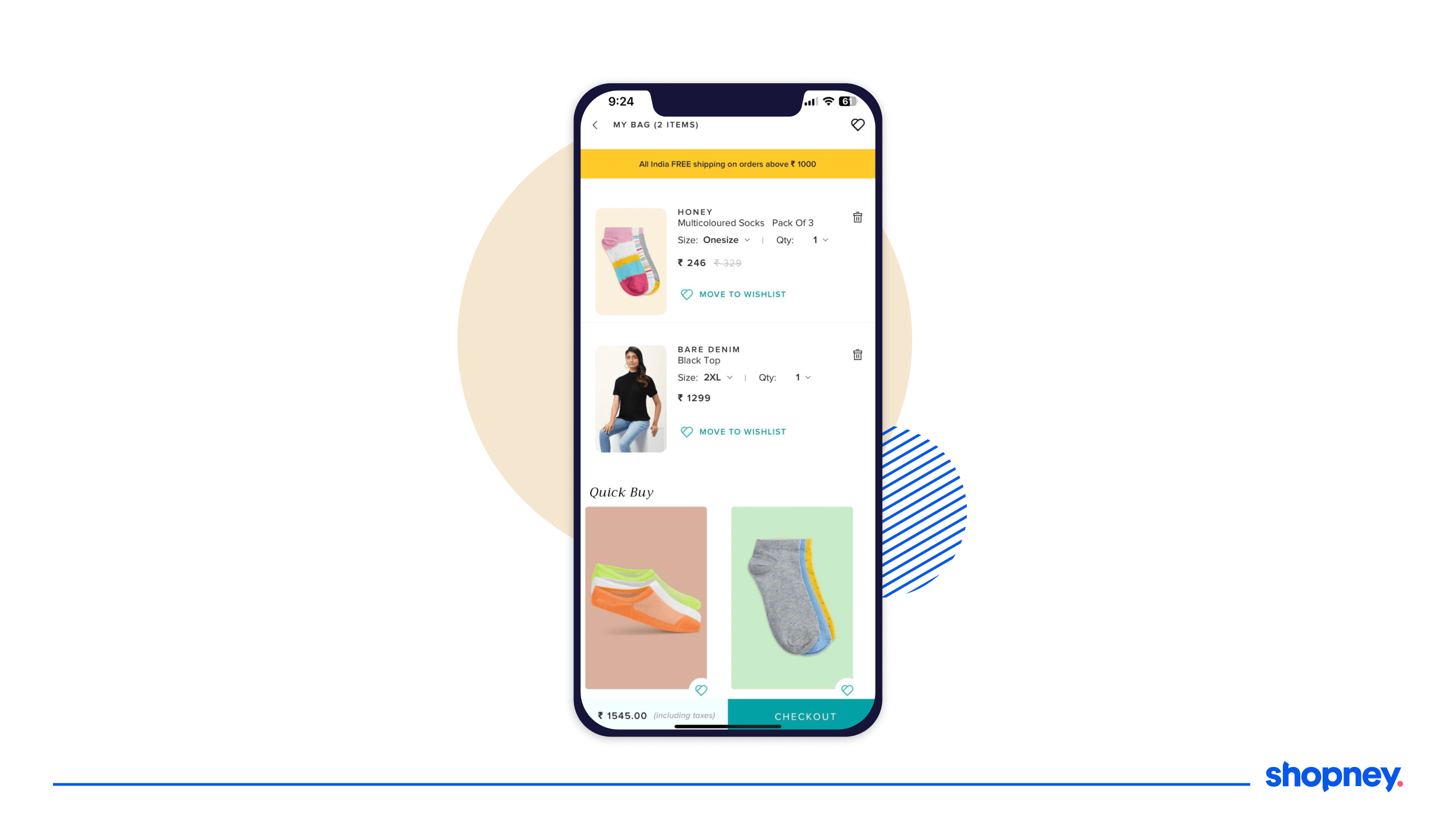 Phone screen with a mobile app interface showcasing the cart page with products added to it.