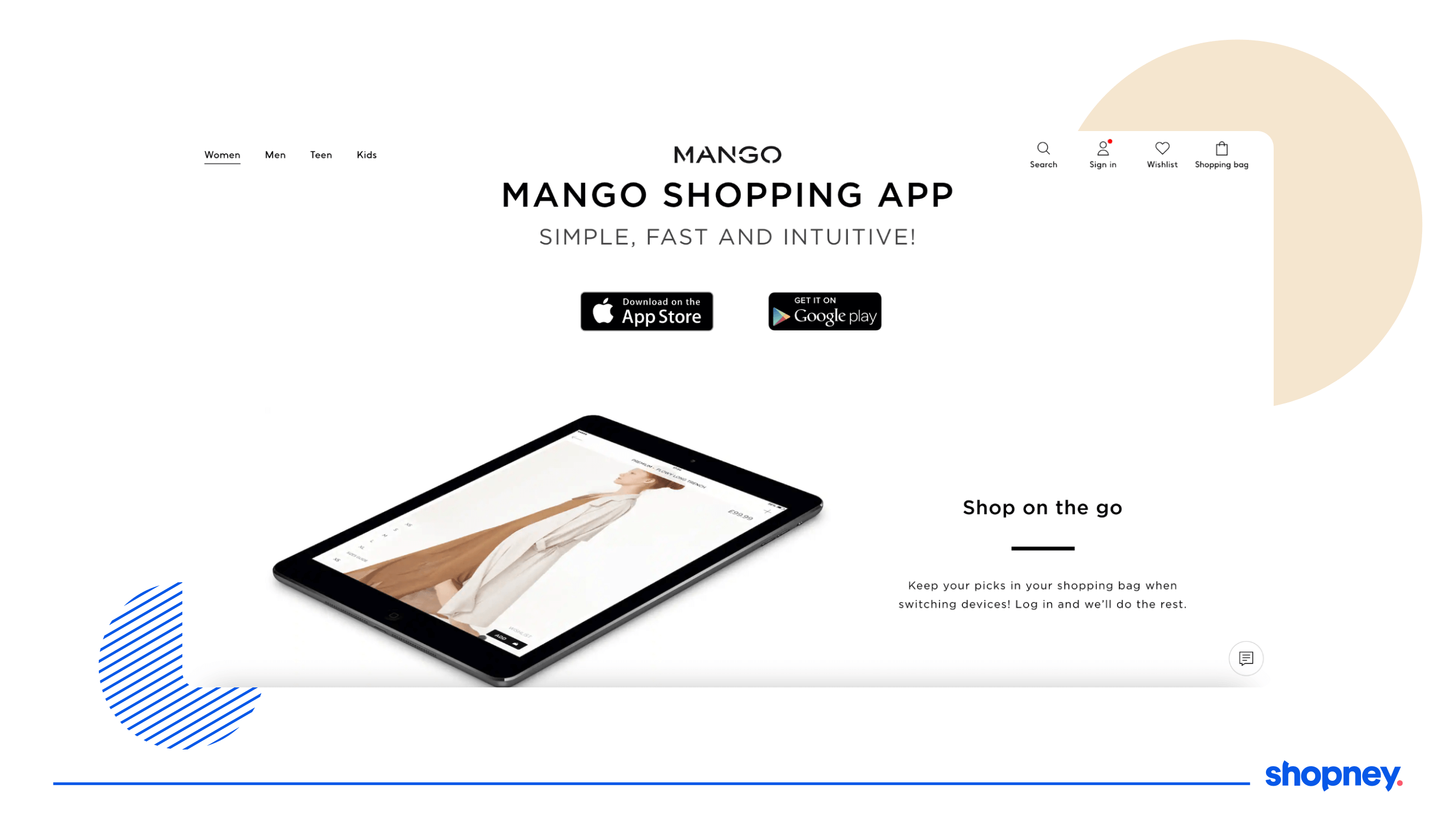 Mango promoting their mobile app on a dedicated page on their website