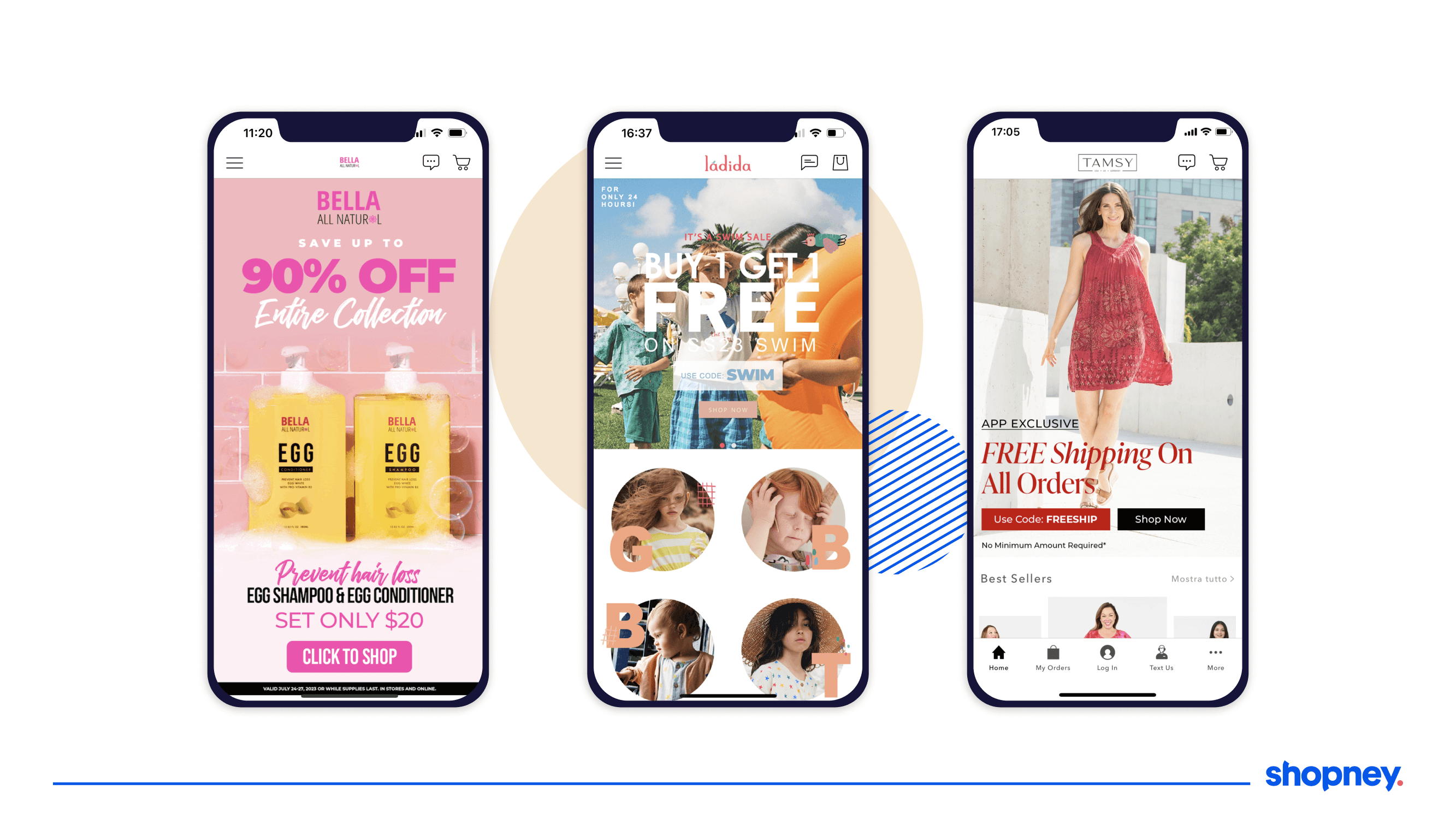 3 mobile app screens of 3 mobile apps showcasing their sales offers
