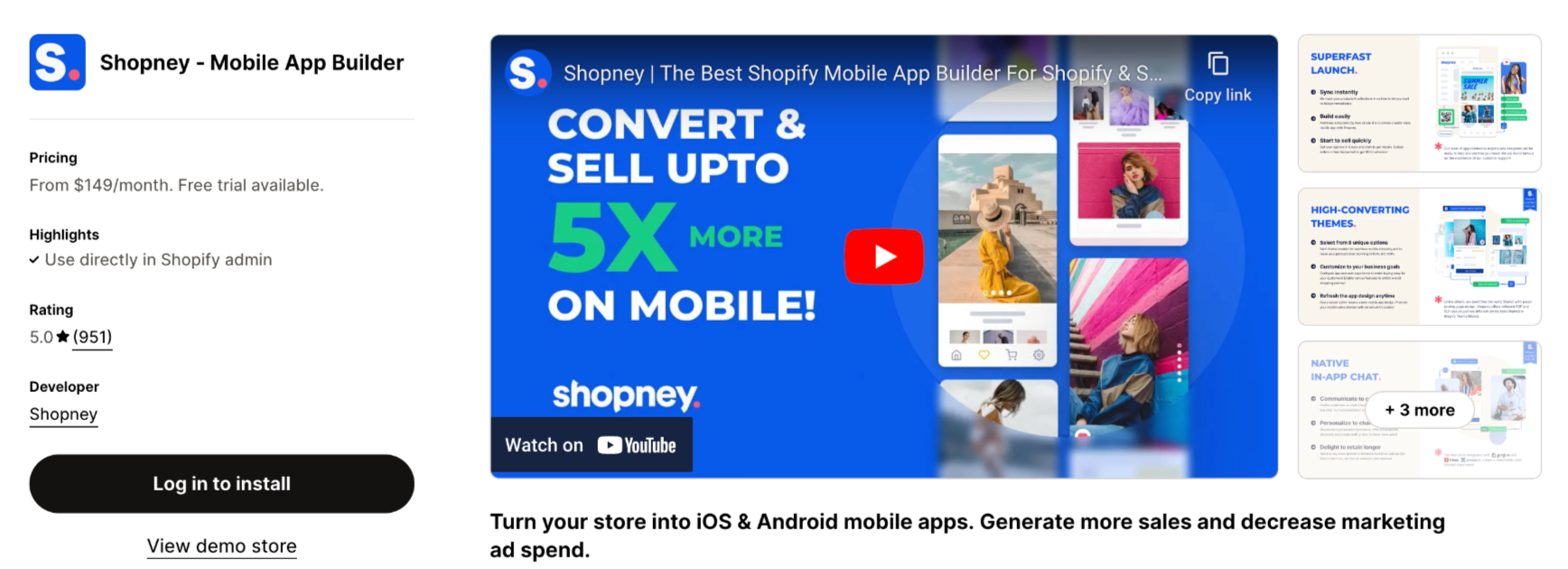 Shopify App Store Listing Page of Shopney Mobile App Builder