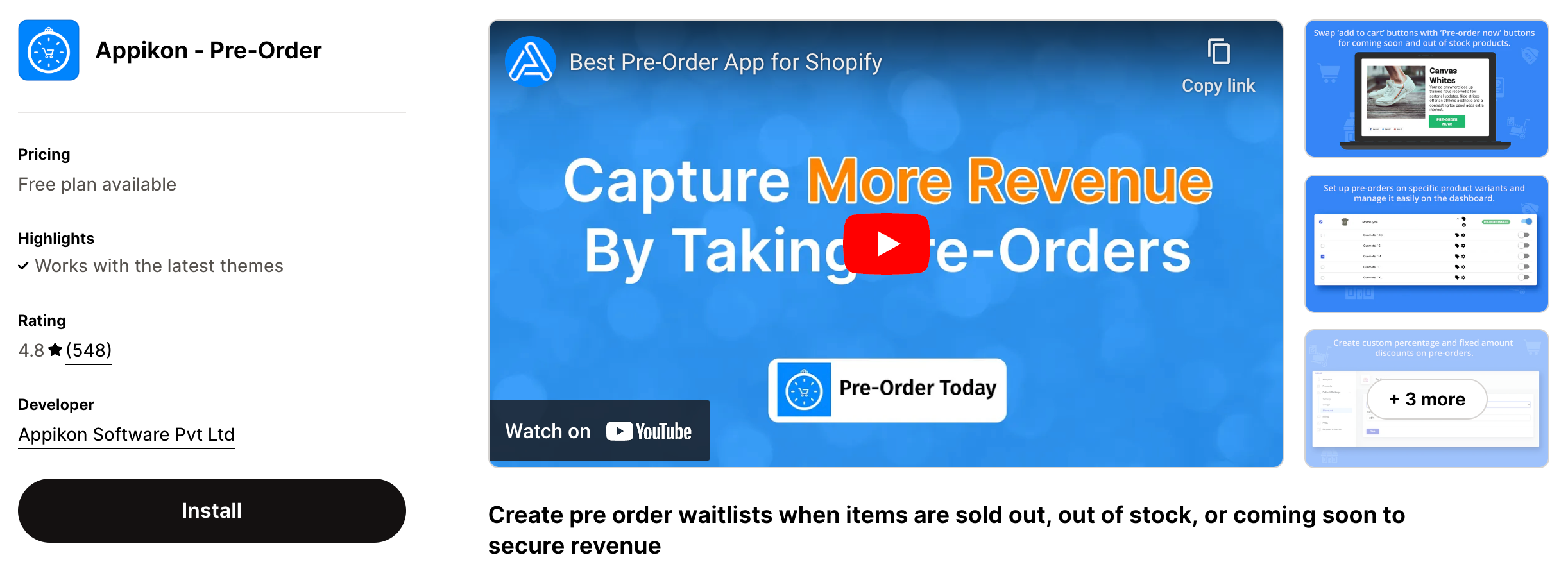 Shopify App Store Listing Page of Pre-order Today