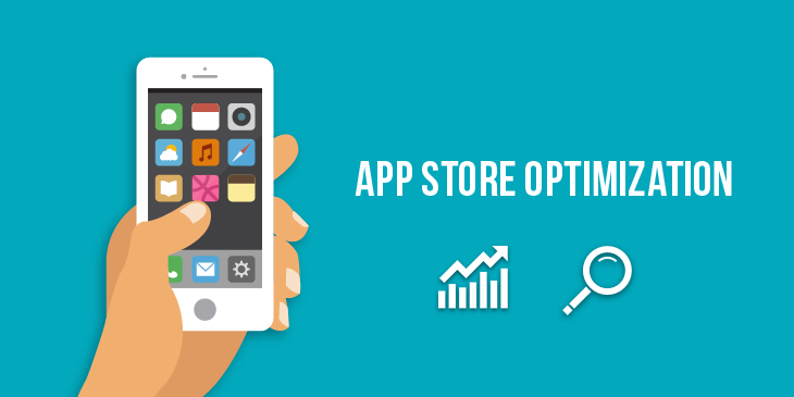 illustration of a hand holding a smartphone, representing the concept of App Store Optimization with icons related to growth and search