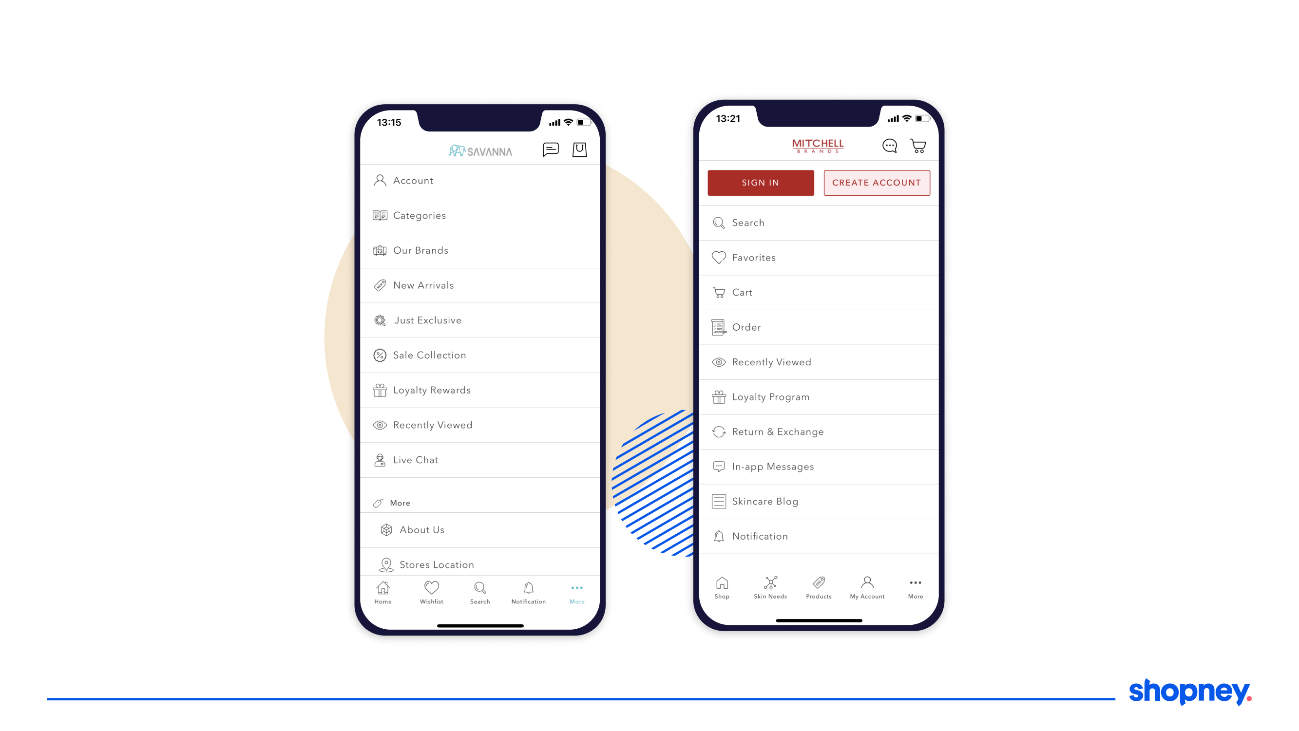 examples of bottom menu on Shopney mobile apps