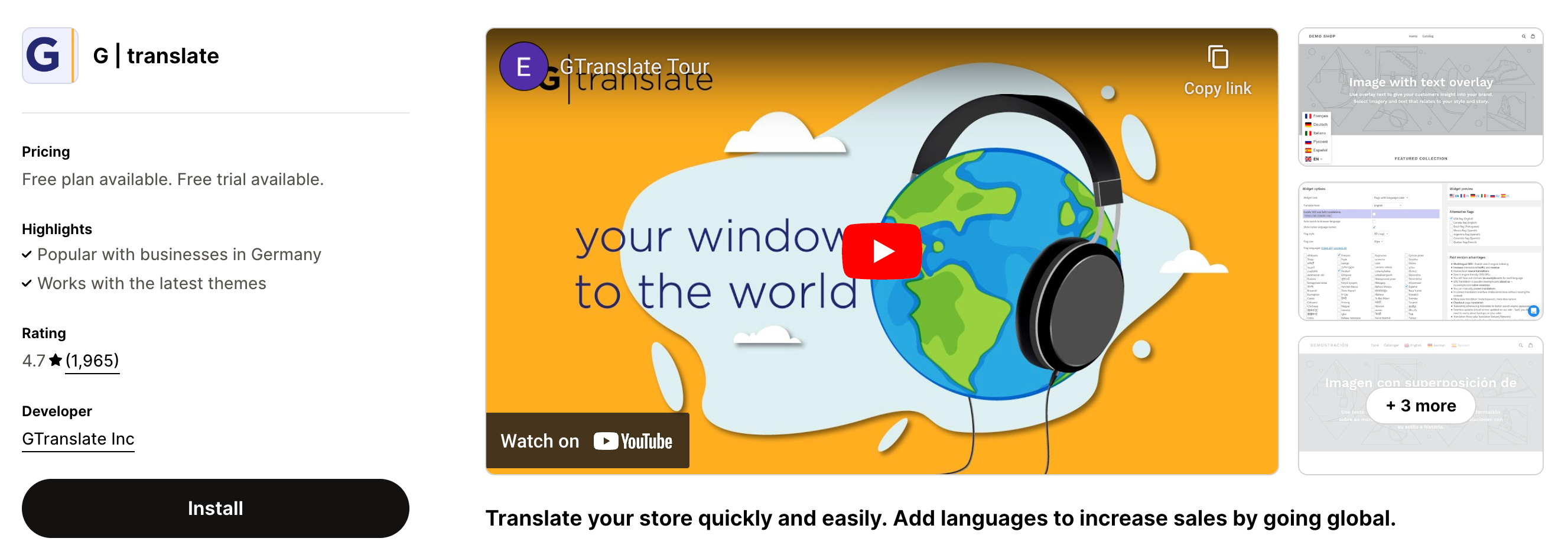 Shopify App Store listing page of GTranslate