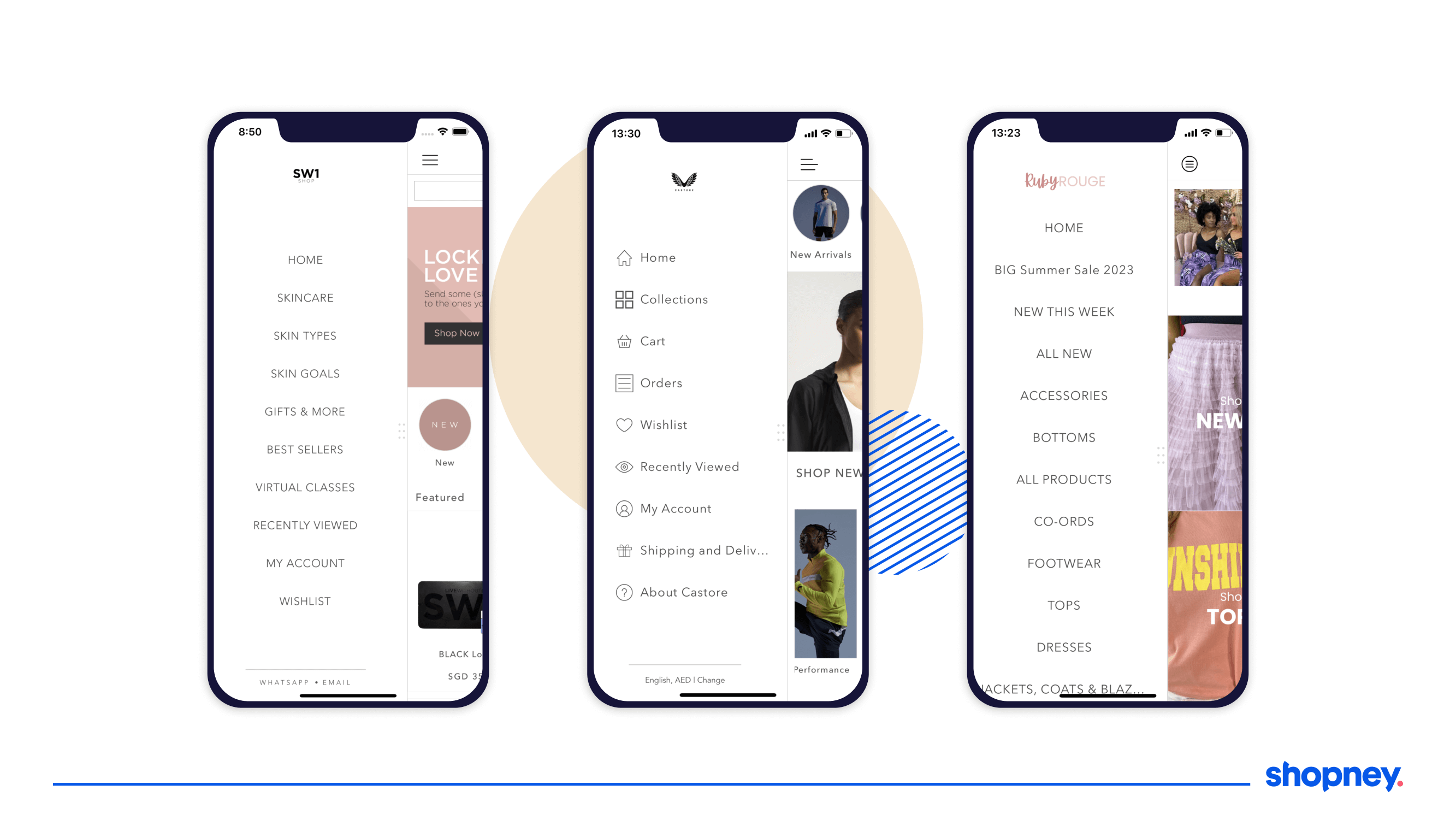 examples of hamburger menu on Shopney mobile apps