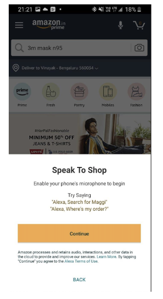 amazon voice search enablement in mobile app