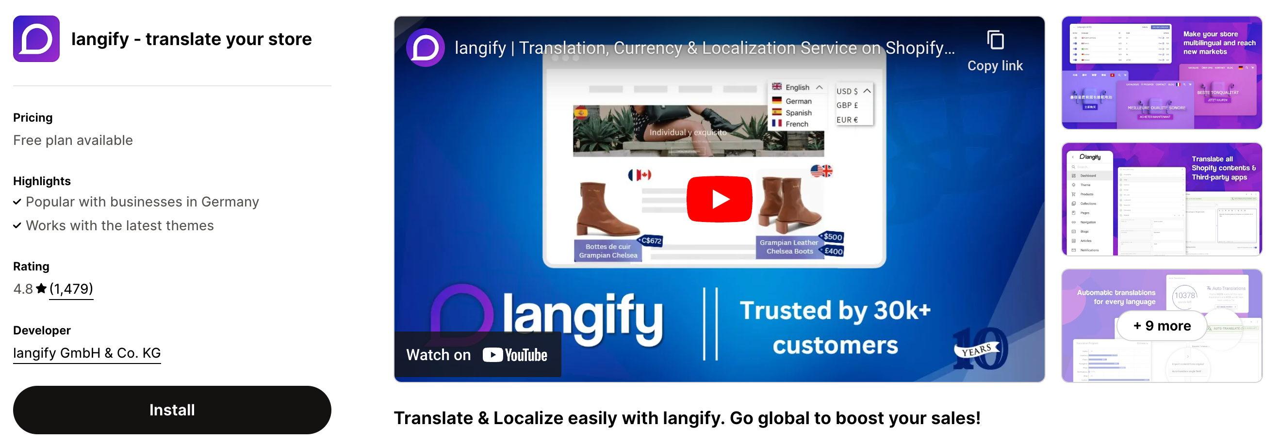 Shopify App Store listing page of Langify