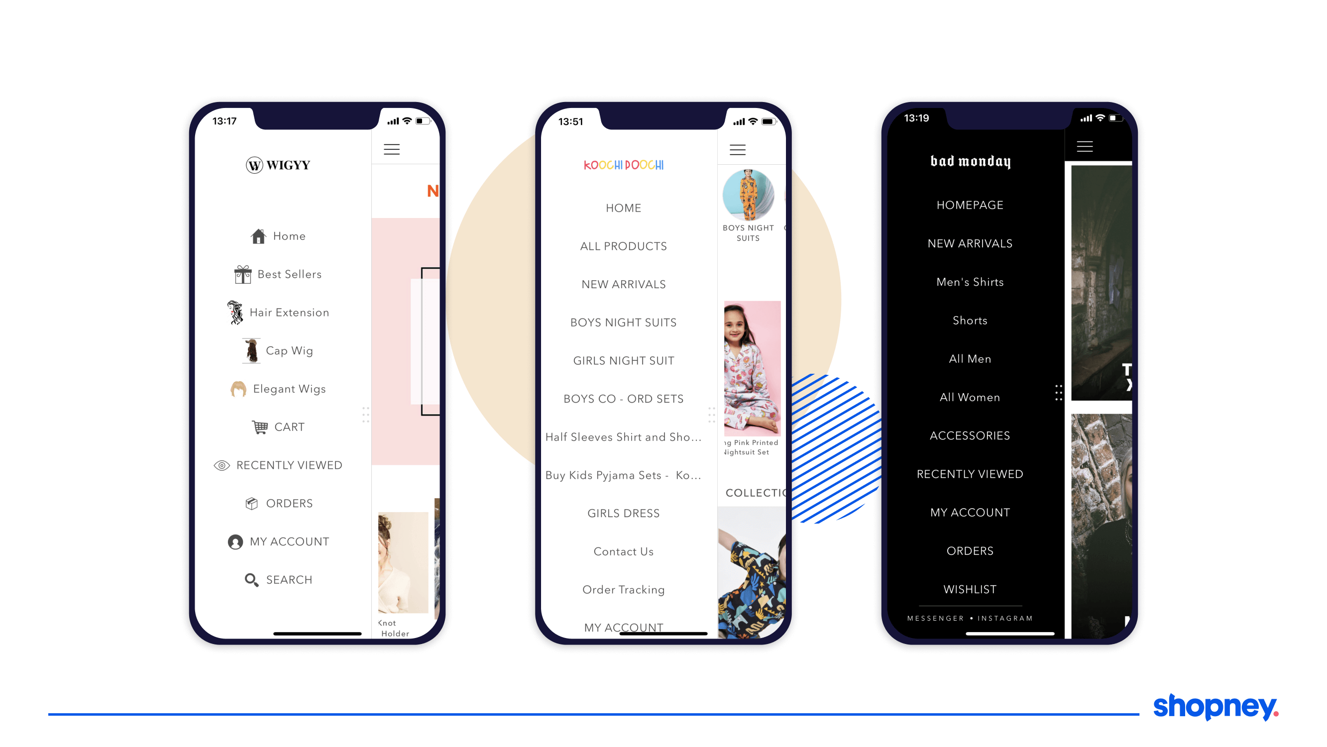 examples of different menu designs on Shopney mobile apps