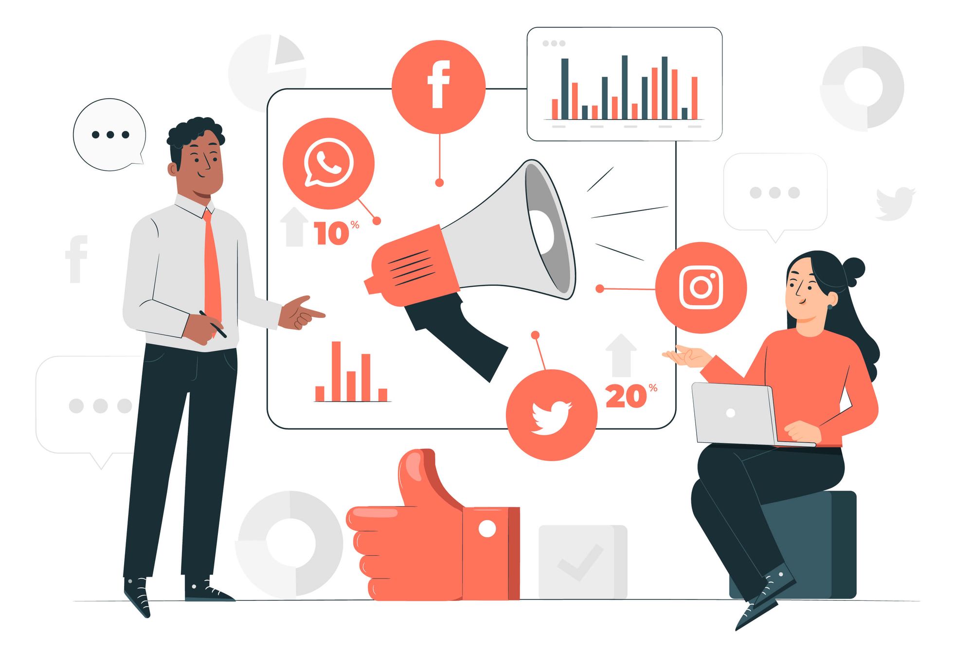 Illustration representing the use of social media and tracking analytics