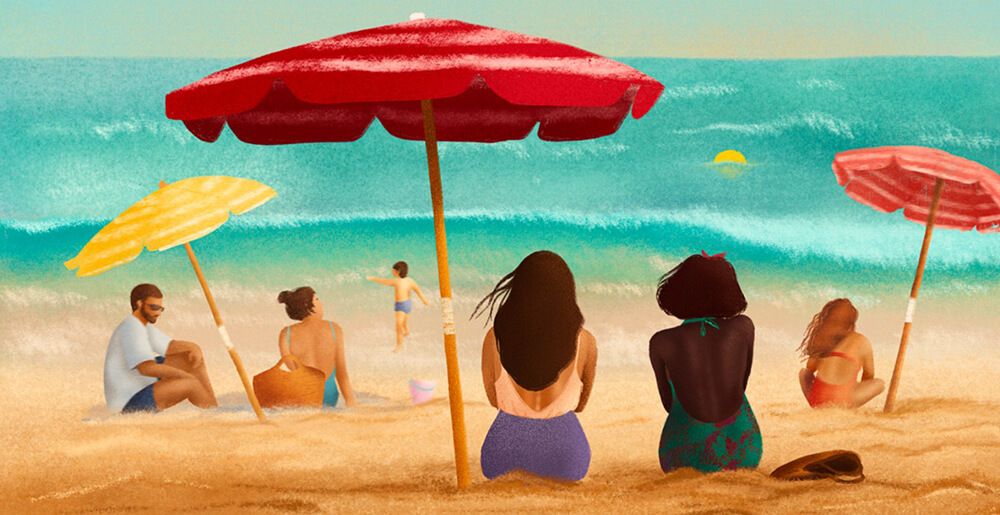 Illustration with people sitting at the beach during summer