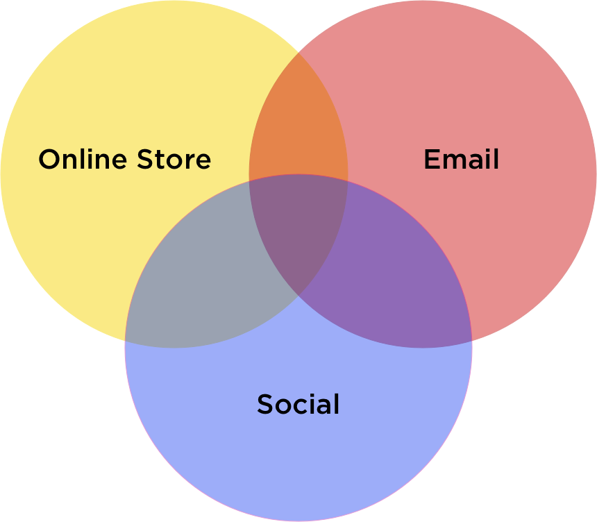 Venn diagram showing the intersection of Online Store, Email, and Social, highlighting the integration of these channels for effective marketing