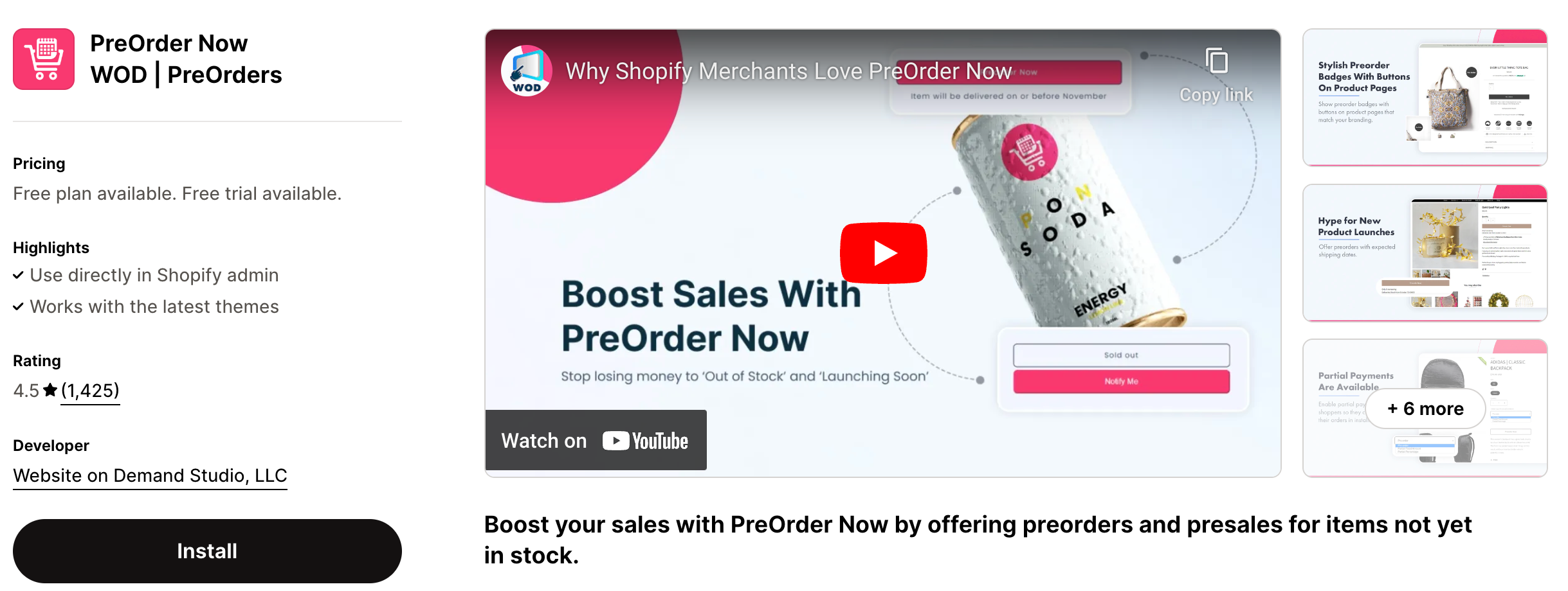 Shopify App Store Listing Page of PreOrder Now