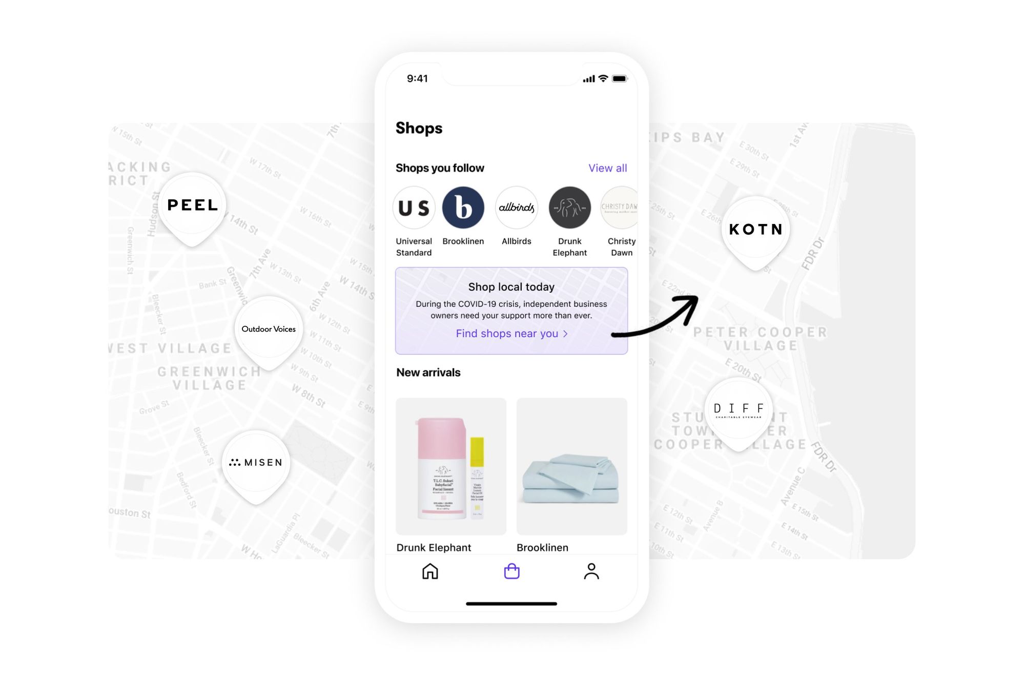 Shop app recommendation product and at the background there are locations.