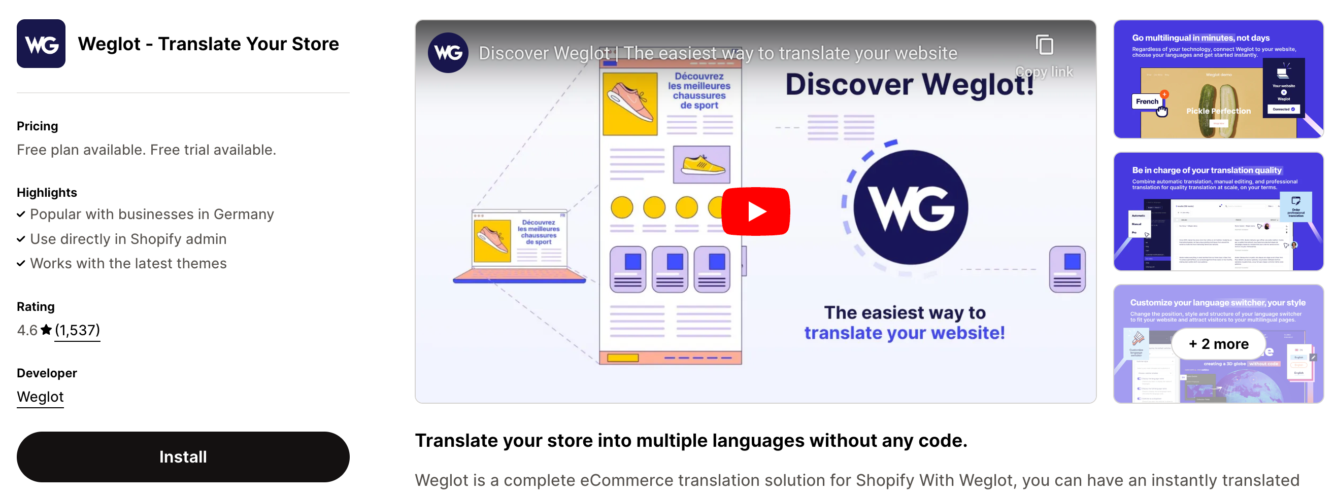 Shopify App Store listing page of Weglot