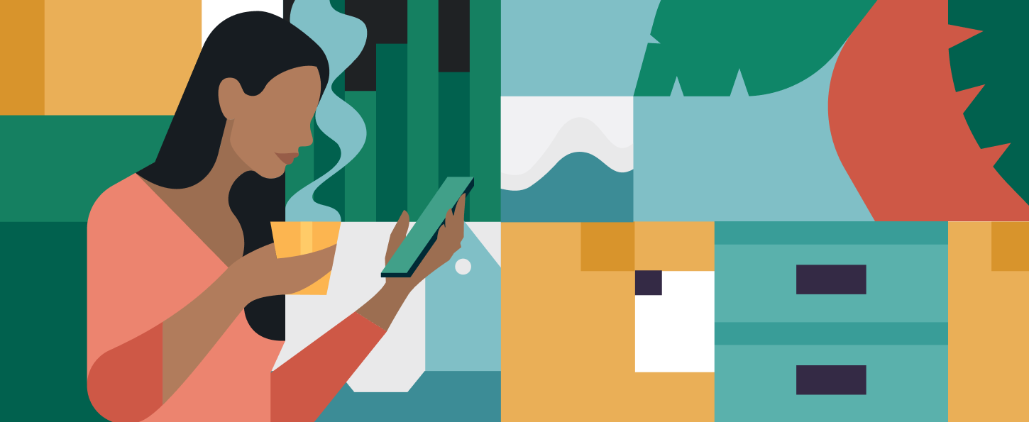 illustration of a woman drinking a hot beverage and checking her phone