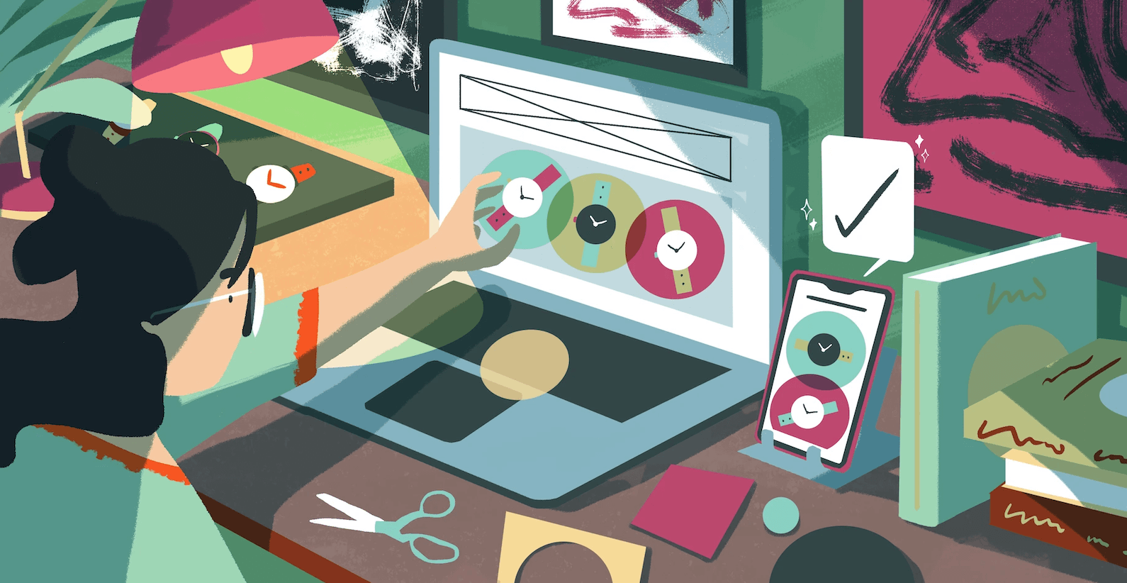 illustration of a girl picking a watch to buy from laptop to illustrate creating interactive content