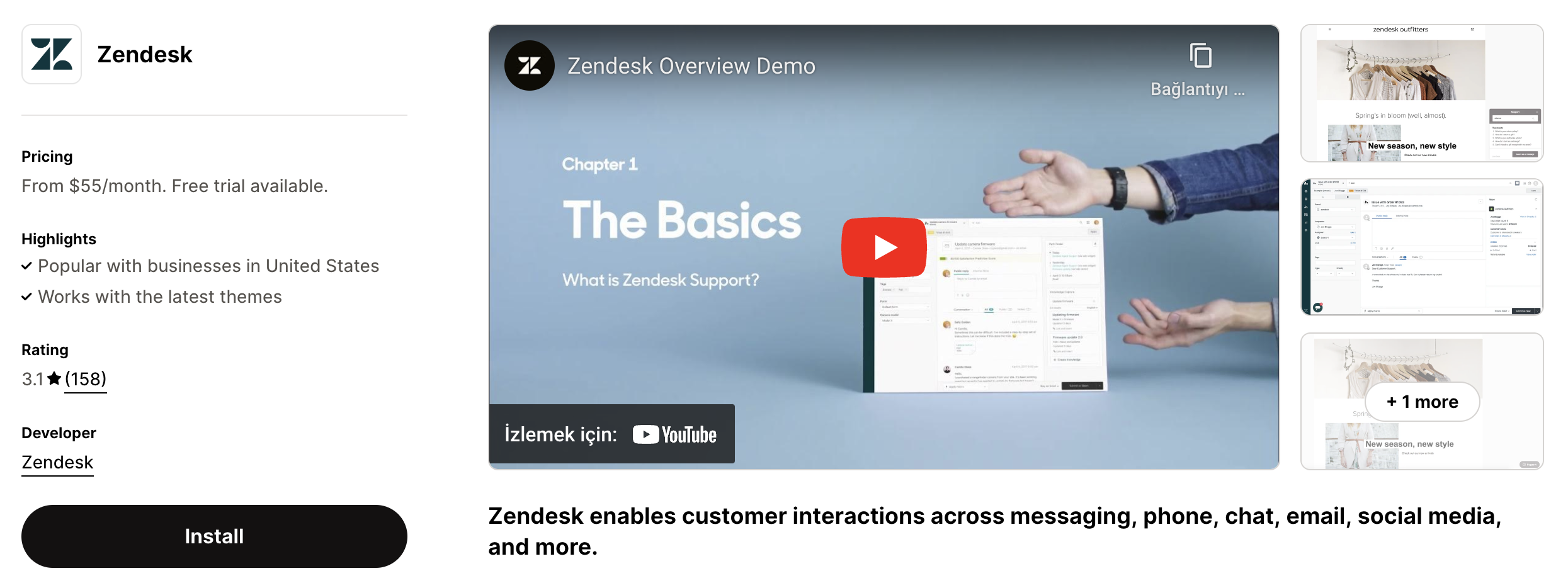 Shopify listing page of zendesk