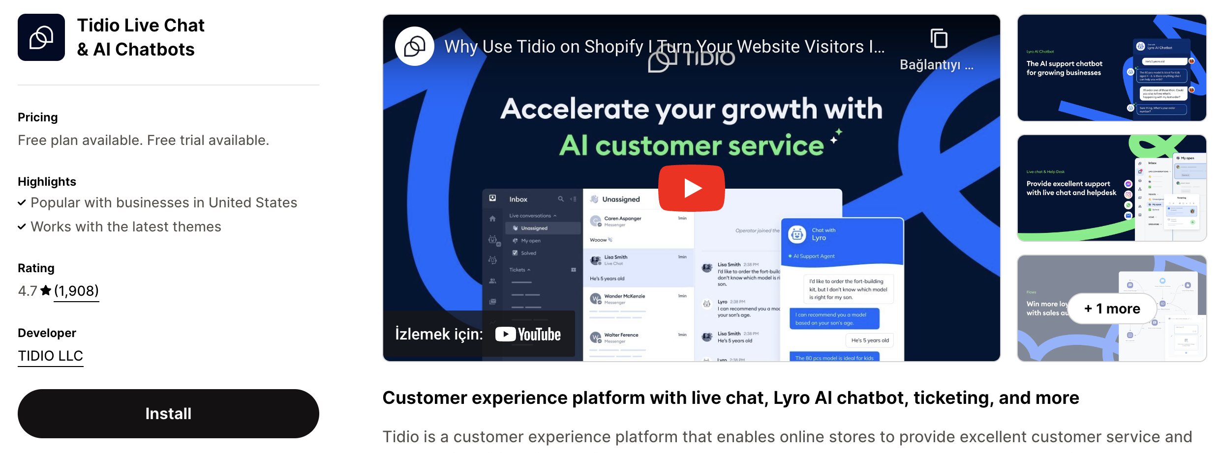 Shopify listing page of tidio