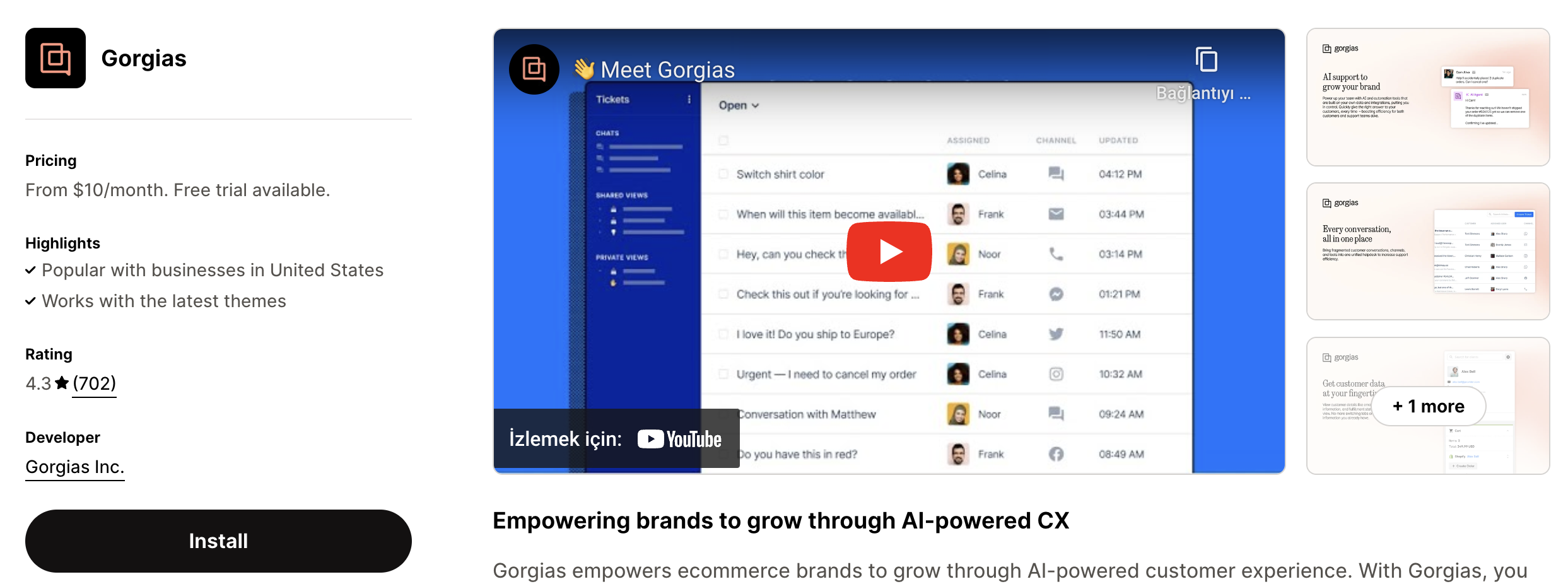 Shopify listing page of Gorgias