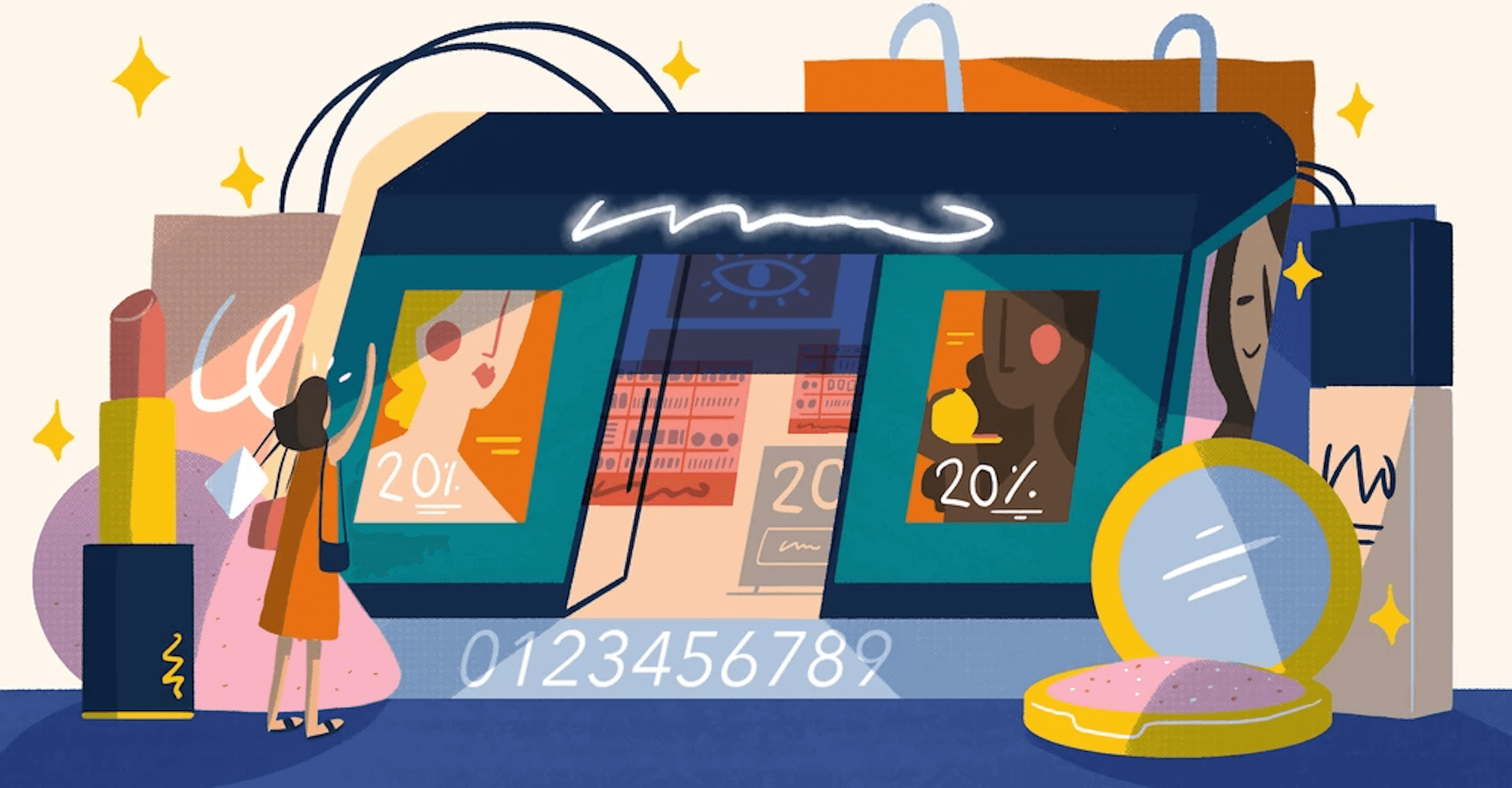 Illustration of a brand and its products and a customer