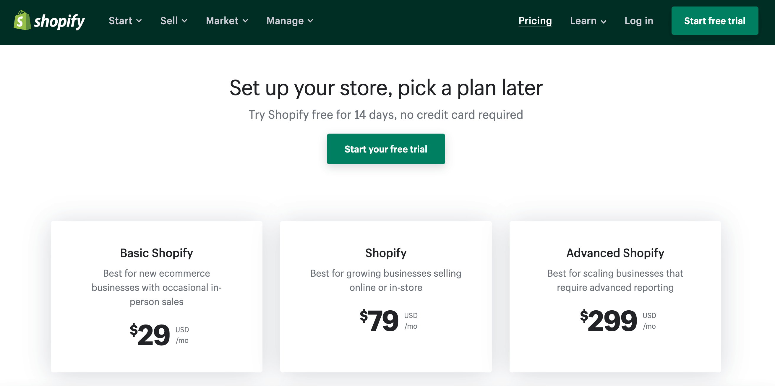 shopify pricing plans