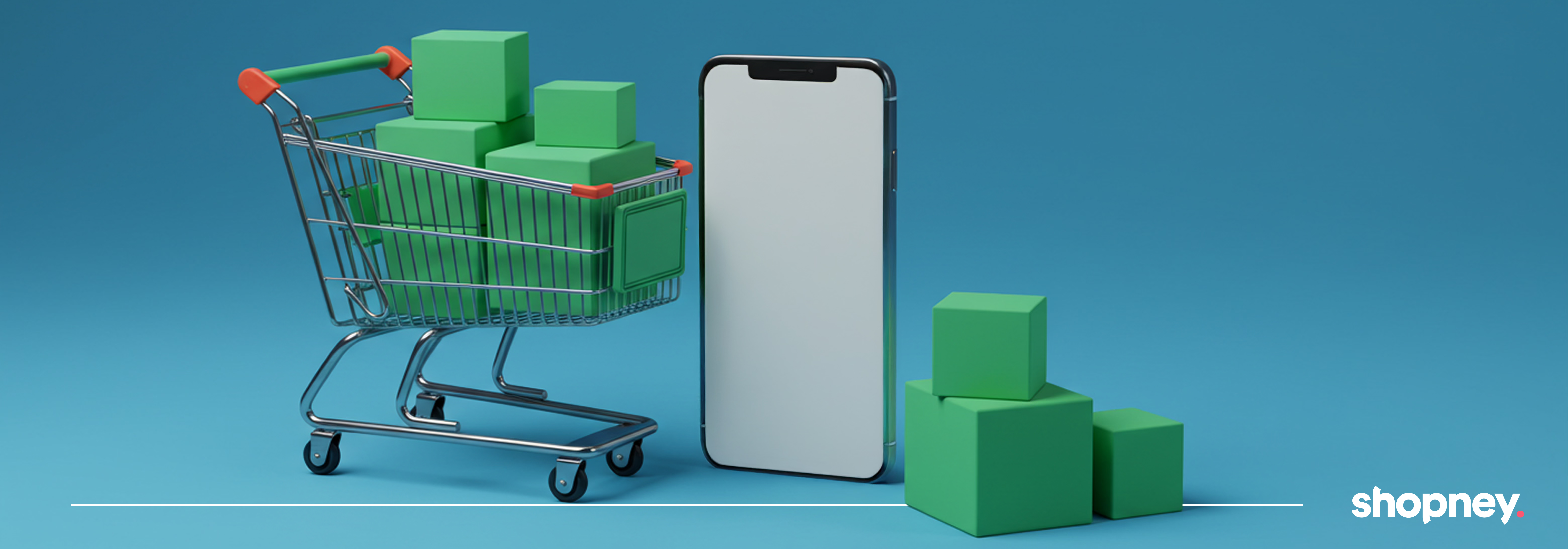 shopping cart with boxes inside and next to it and a phone 