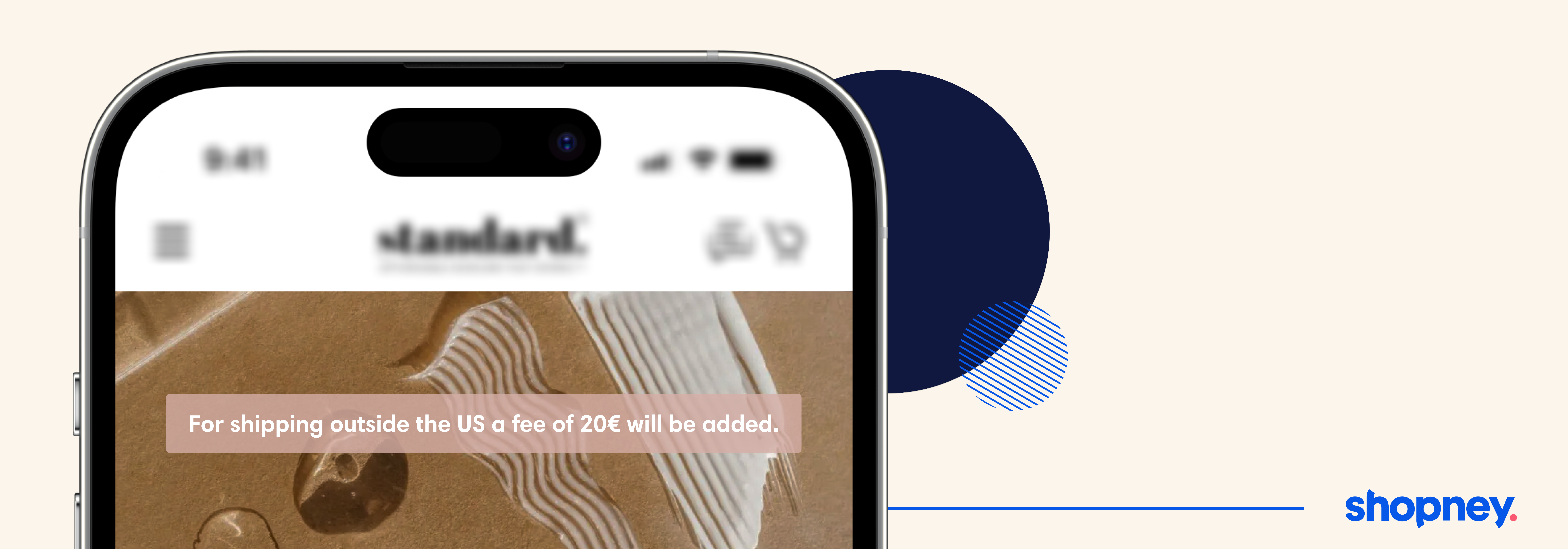 banner in mobile app showing the shipping fees for orders outside the US.
