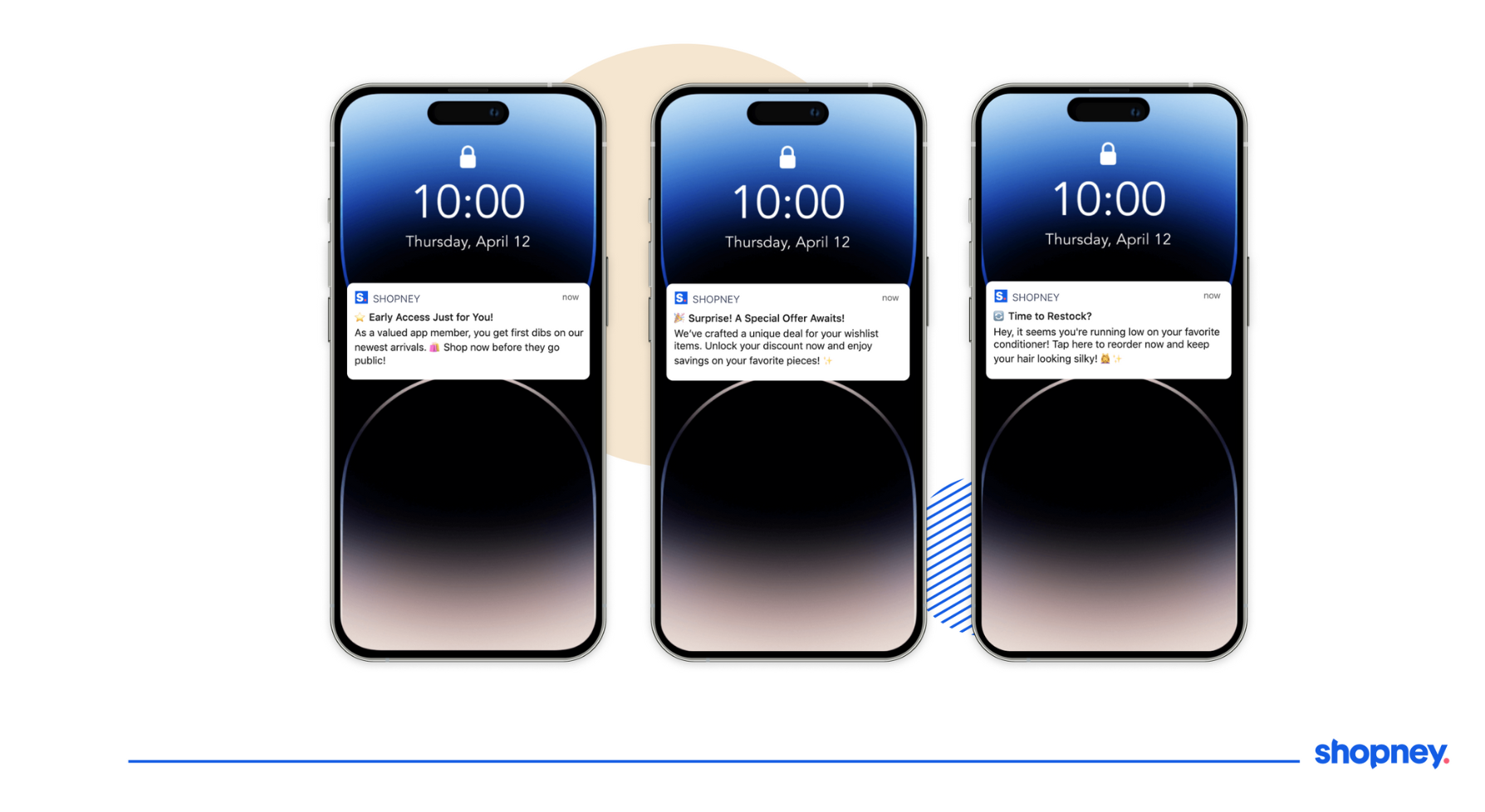3 app screens displaying example push notifications of a Shopney mobile app