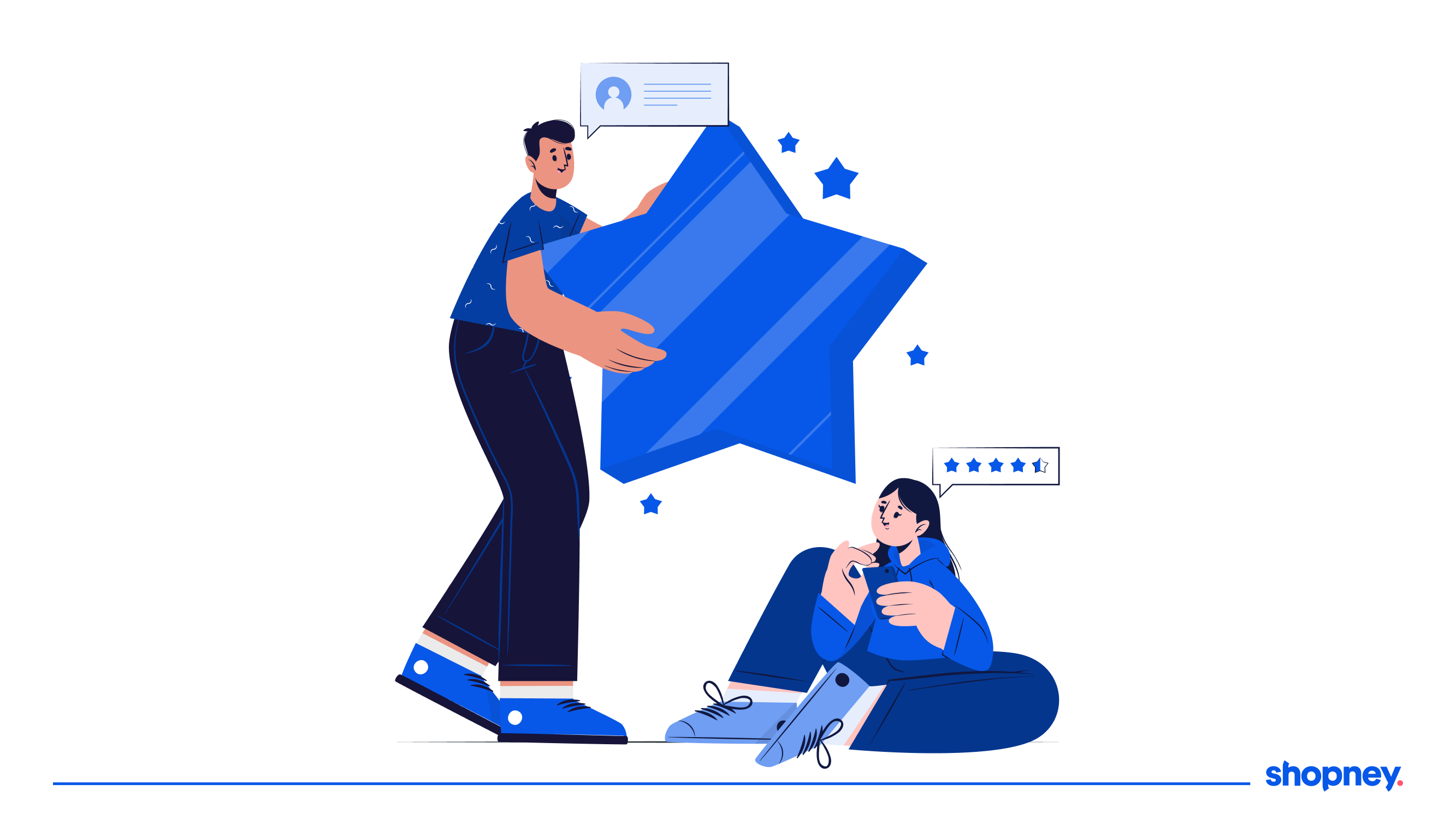 illustration with 2 people and a comment bubble and reward stars to represent loyalty and rewards programs