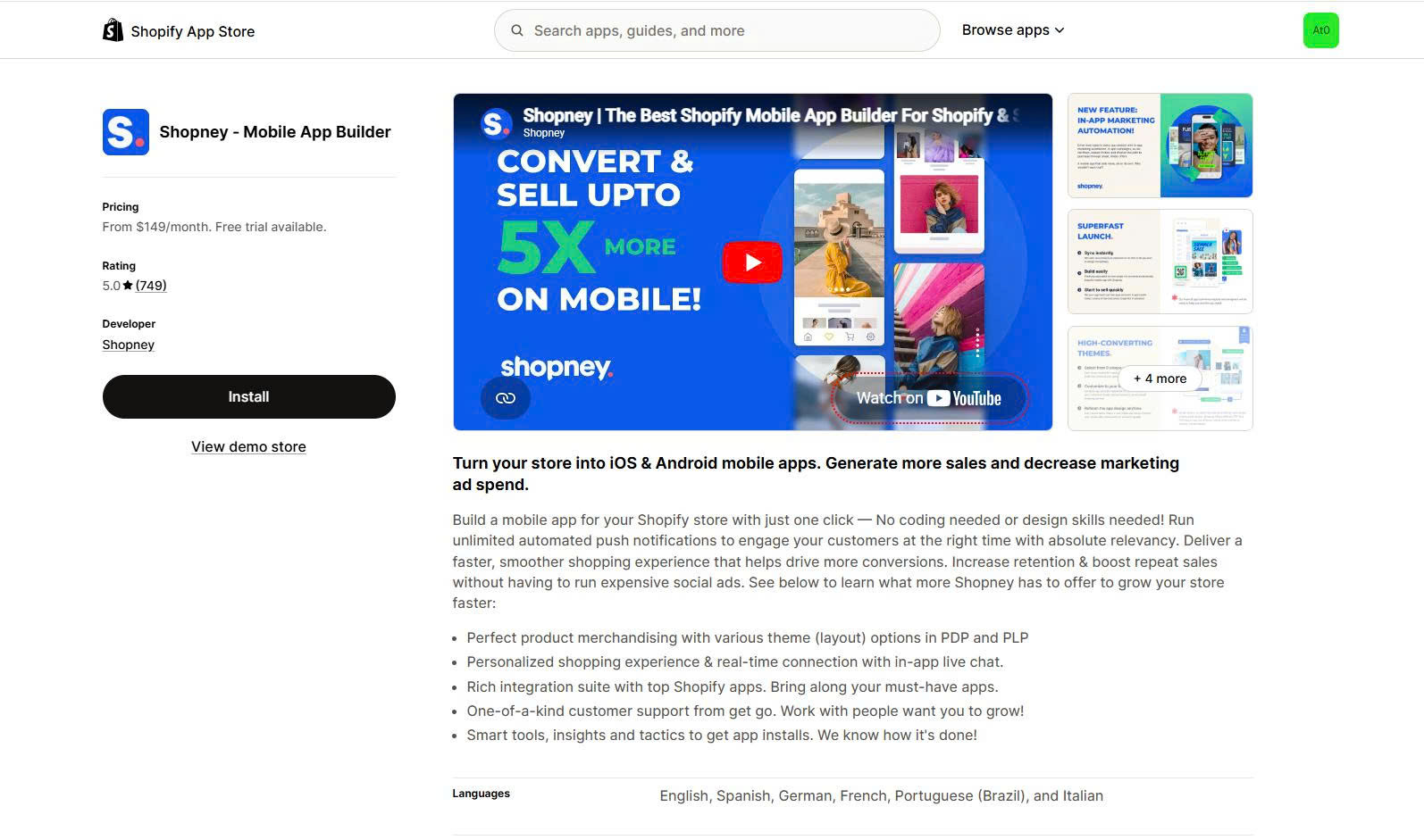 Shopney's Shopify app store listing page
