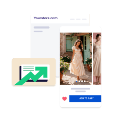 Mobile shopping interface showing a fashion product with an 'Add to Cart' button and conversion graph icon.