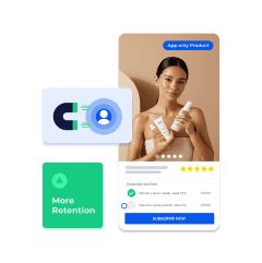 Visual showing retention benefits of a mobile app, with a magnet icon, a woman holding skincare products, and a subscription option highlighted.