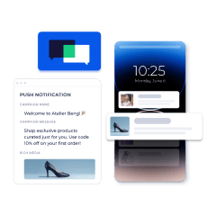 Mobile screen with push notifications and chat icon showing customer engagement.