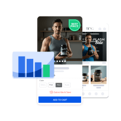 Mobile shopping app screen showing fitness product, discount badge, and sales analytics.
