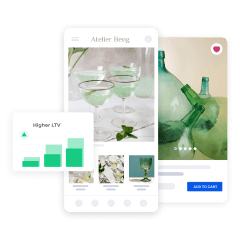 Mobile app interface showing glassware products and a graph of higher customer value.
