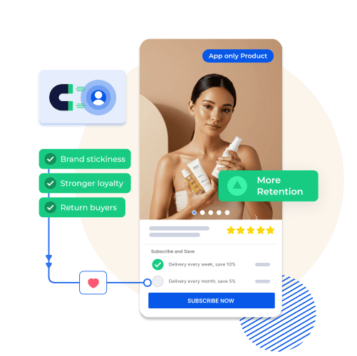 Mobile screen showing app-only skincare product with subscription options and retention benefits.
