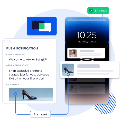 Smartphone screen showing a push notification with a product image, demonstrating real-time customer engagement.